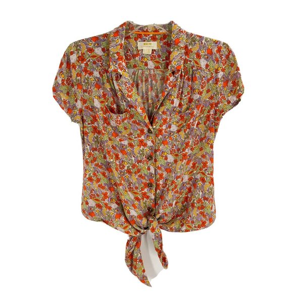 Anthropologie Tops - Maeve Anthropologie Floral Fruit Print Button Down Tie Front Cap Sleeve Sz 2
